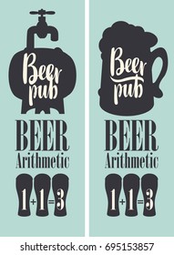 Vector banner for beer pub in a retro style with barrel, mug and text. Special offer arithmetic beer or three for the price of two