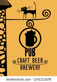 Vector banner for beer pub with a street sign, a black cat and with words Craft beer, Brewery