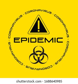 Vector banner with biahazard sign of COVID-19, MERS-CoV-2, SARS-CoV-2, coronavirus.  Hazard warning sign with exclamation mark and biahazard. Vector medecine illustration. Wuhan coronavirus outbreak. 