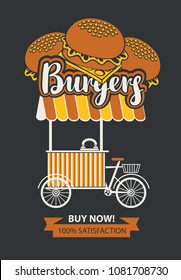 Vector banner with bicycle shop for selling burgers in retro style on black background. Street vendor burgers, stall on wheels. Fast food, healthy and unhealthy food