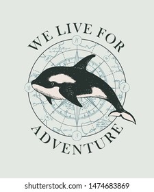 Vector banner with big hand-drawn killer whale on the background of old map in retro style. Illustration on the theme of travel, adventure and discovery with words King of the sea