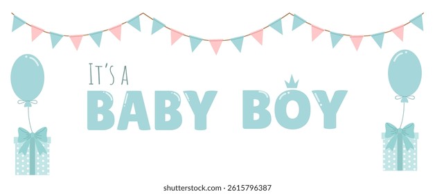Vector banner for the birth of a little boy with garlands and gifts