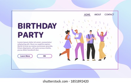 Vector banner of Birthday Party concept. Happy men and women celebrating with confetti and sparklers, blowing up clapperboards, drinking, dancing having fun. Character illustration of festive event