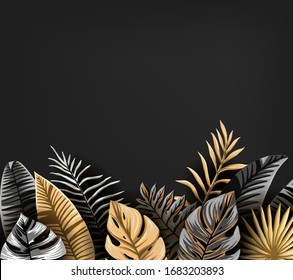 Vector Banner With Black And Gold Tropical Leaves On A Dark Background.