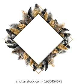 Vector banner with black and gold tropical leaves on a dark background white