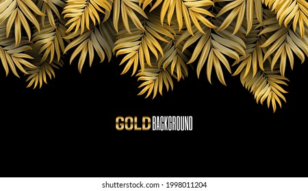 Cartel vectorial con hojas tropicales de color negro y dorado sobre un fondo oscuro.