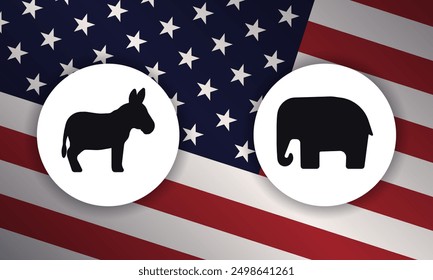 Anuncio de Vector con siluetas negras de un burro y un elefante, símbolos de los partidos demócrata y republicano de Estados Unidos, dentro de círculos blancos sobre un fondo de la bandera estadounidense