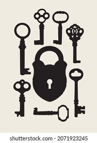 Vector banner with black silhouettes of vintage keys and an old lock on a light background. Padlock and a set of ornate antique keys of various shapes. Decorative illustration in retro style