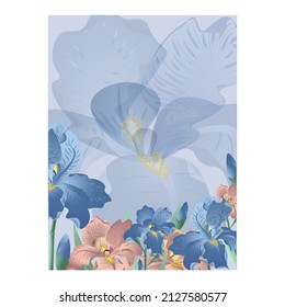 Vector banner with blue and beige iris flowers on the blue background. Vector illustration, wallpaper, greeting cards, floral design for natural products. Soft warm colors
