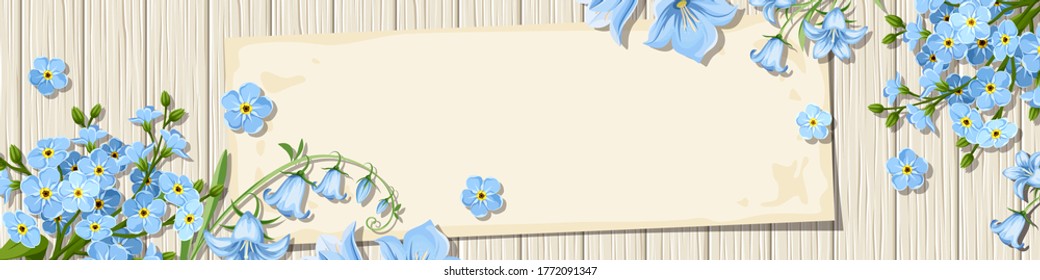 Vector banner with blue forget-me-not and bluebell flowers on a wooden background.