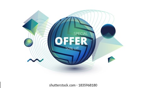 
vector banner with blue and green geometric shapes on a white background and the inscription special offer