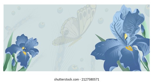 Vector banner with blue iris flowers on the turquoise background. Vector illustration, wallpaper, greeting cards, floral design for natural products. Soft warm colors