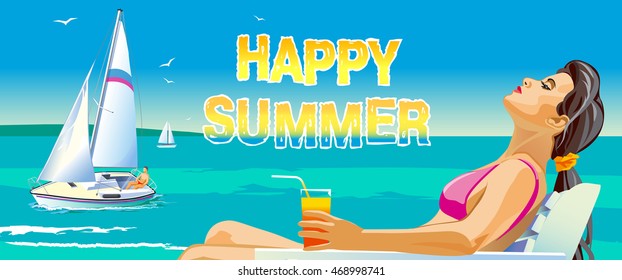 Vector banner. The blue sea with yachts and girl
