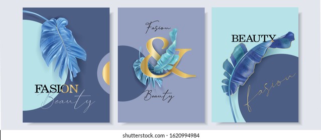 Vector banner with blue and turquoise tropical leaves on abstract background. Exotic design for fashion magazine cover, cosmetics packaging, spa, beauty shop flyer, travel agency, wedding invitation