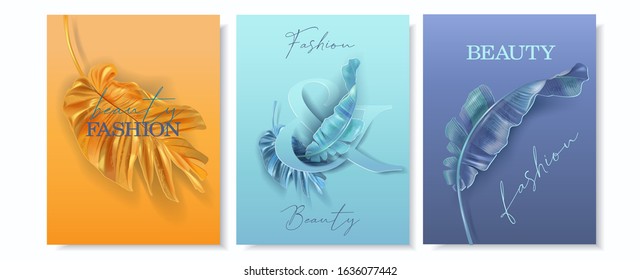 Vector banner with blue, turquoise and yellow tropical leaves. Exotic design for fashion magazine cover, cosmetics packaging, spa, beauty shop flyer, travel agency