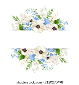 Vector banner with blue and white poppy, bluebell, and lily of the valley flowers