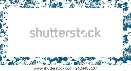 Vector banner in blue and white with tropical hawaiian leaves and flowers in summer. With space for text or image.