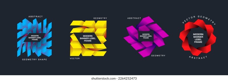 Pancarta vectorial con paralelogramas azul, amarillo, rojo, morado en forma geométrica, marco creativo para negocios, empresa. Volante moderno con diseño, señales dinámicas gradientes. Plantilla de etiqueta, etiqueta brillante.