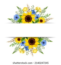 Vector banner with blue and yellow sunflowers, cornflowers, dandelion flowers, ears of wheat, and green leaves