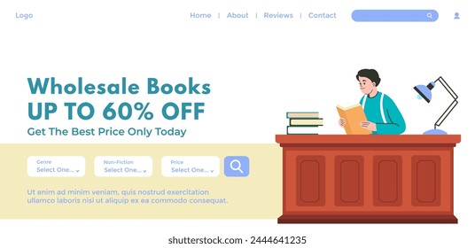 A vector banner for book sales offering up to 60 percent off on wholesale books.