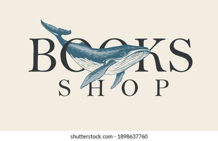 Vector banner for books shop with inscription, a hand-drawn whale and a map in vintage style. Suitable for advertising flyer, label, icon, bookmark, business card, design element