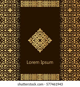 Vector banner with borders, logo and a background in eastern islamic, muslim style in golden colors. Template for restaurant menu, flyer, greeting card, brochure, book cover, invitation and etc.