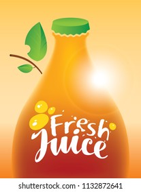 Vector banner with bottle, green leaves and inscription fresh juice