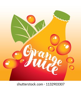 Vector banner with bottle with green leaves and inscription orange juice and drops