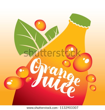 Vector banner with bottle with green leaves and inscription orange juice and drops