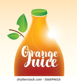 vector banner with a bottle and leaf and the words orange juice