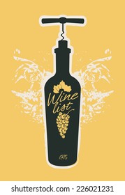 Vector banner with a bottle of wine with a corkscrew and labeled wine list