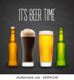 Vector banner with bottles and glasses of light and dark beer on blackboard. EPS 10 illustration