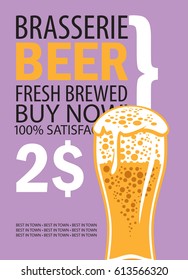 vector banner for brasserie with glass of beer and text on lilac background