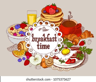 Vector banner. Breakfast time. Color sketch, elements for your design