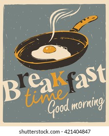 Vector banner for breakfast time with a frying pan and fried eggs in retro style