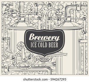 Vector banner with the brewery, beer production in retro style