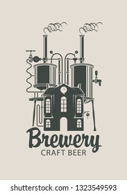 Vector banner for brewery and craft beer with a calligraphic inscription and image of house with barrels on the roof in retro style. Icon or label for old brewery.