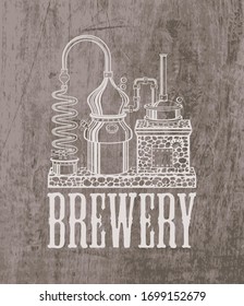 Vector banner for Brewery with inscription and old brewing equipment on a wooden background. Decorative illustration of craft beer production in retro style
