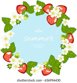 Vector banner with bright colorful strawberry on blue background. 