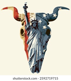 Vector banner with bull skull, flag of the United States of America and Statue of Liberty. Graphic print for clothes, fabric, wallpaper, wrapping paper, t-shirt design