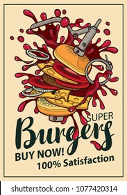 Vector banner with Burger in retro style. Pop art illustration of a super Burger in the form of an exploding grenade with splashes. Fast food, healthy and unhealthy food. Colorful image of a sandwich