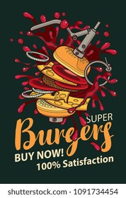 Vector banner with Burger in retro style. Pop art illustration of a super Burger in the form of an exploding grenade with splashes. Fast food, healthy and unhealthy food. Colorful image of a sandwich