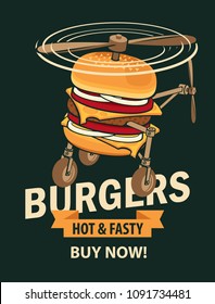Vector banner with Burger in retro style. Pop art illustration of a super Burger in the form of a flying helicopter. Fast food, healthy and unhealthy food. Colorful image of a sandwich