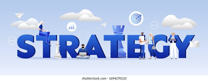 Vector banner of business and marketing strategy. Modern vector illustration concept of word "STRATEGY" and people around. Teamwork, character design