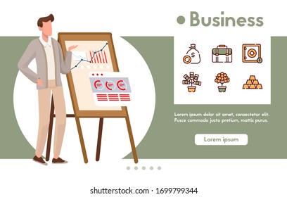 Vector banner of businessman presentation, business strategy, financial success, growth statistic. Management, marketing tools. Vector color linear icon - investor portfolio, deposits, profit, money