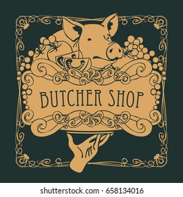 Vector banner for the butcher shop with a picture of a hand with a tray on which is a still life with piglet, vegetables and cheese in a Baroque style with a curly frame.