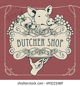 Vector banner for the butcher shop with a picture of a hand with a tray on which is a still life with piglet, vegetables and cheese in a Baroque style with a curly frame