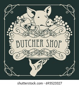 Vector banner for the butcher shop with a picture of a hand with a tray on which is a still life with piglet, vegetables and cheese in a Baroque style with a curly frame