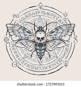 Vector banner with a butterfly Dead head with a skull-shaped pattern on the thorax. Hand-drawn illustration in retro style with a moth on the background of a circle with illegible scribbles