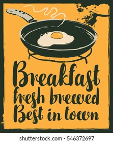 vector banner for a cafe with breakfast with a frying pan and fried eggs